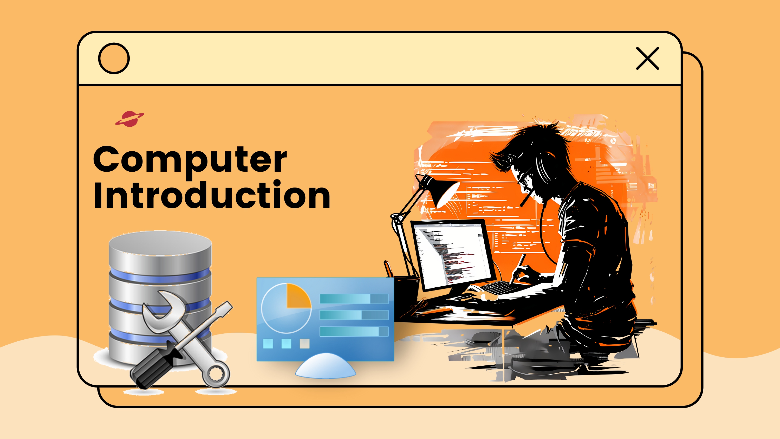Infographic showing a desktop computer, laptop, and basic hardware components like CPU, mouse, and keyboard with neon highlights on a dark background